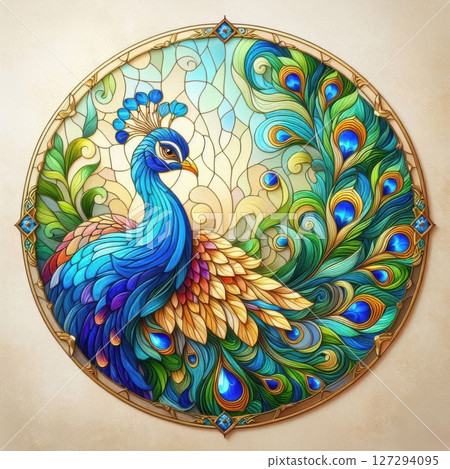 Elegant illustration of a peacock in mosaic stained glass, featuring vivid feathers, antique charm, and glowing light. Perfect for themes of art, wildlife, and handmade beauty. 127294095