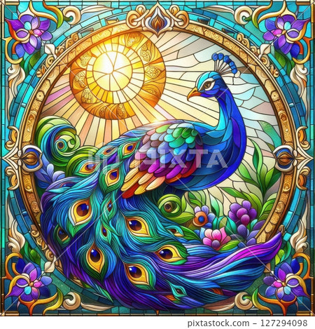 Elegant illustration of a peacock in mosaic stained glass, featuring vivid feathers, antique charm, and glowing light. Perfect for themes of art, wildlife, and handmade beauty. 127294098