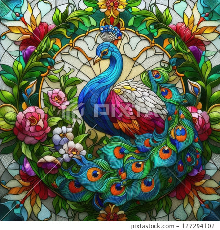 Elegant illustration of a peacock in mosaic stained glass, featuring vivid feathers, antique charm, and glowing light. Perfect for themes of art, wildlife, and handmade beauty. 127294102