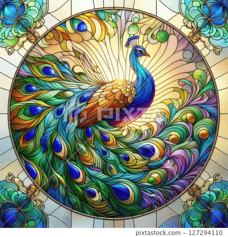 Stunning stained glass artwork of a colorful peacock, crafted with vivid detail, ornate shapes, and glowing sunlight reflections. A blend of elegance and decorative tradition. 127294110