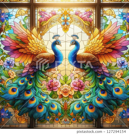 Vibrant stained glass design of a peacock with intricate tail feathers in rich blue, green and gold tones, isolated on white background for decor use. 127294154