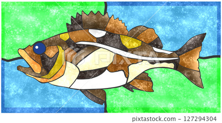彩色磁磚風格的鹹水魚剪紙插圖,背景為柳樹侏儒 彩色磁磚風格的鹹水魚剪紙插圖,背景為柳樹侏儒 127294304