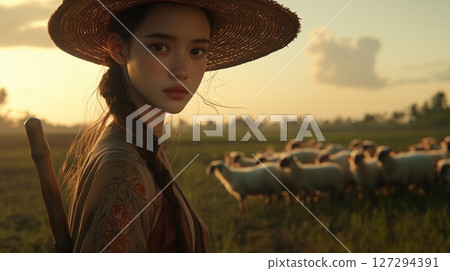 Shepherdess guiding a flock of sheep in a serene grassy field during golden hour with rolling hills in the background 127294391