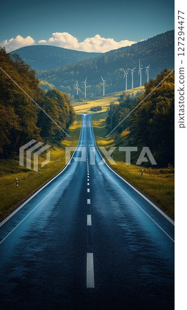Expansive view of an empty German autobahn with wind turbines under clear midday sky 127294477