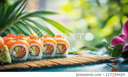 Sushi set on bamboo mat with tropical flowers and palm leaves in Tokyo city concept 127294484