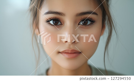 Close-up of a young woman with striking features and expressive eyes 127294550