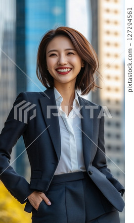 Confident business professional poses in urban setting during sunny day 127294561