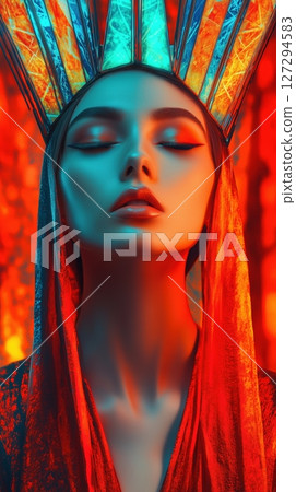 Elegant woman with striking headdress in vibrant red and blue light 127294583