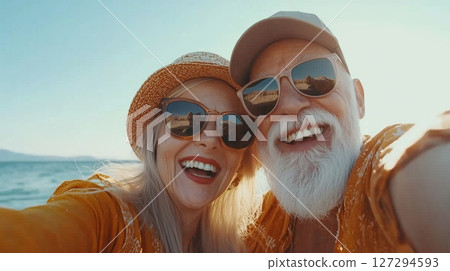Joyful elderly couple enjoying a sunny beach day with big smiles and stylish sunglasses near ocean 127294593