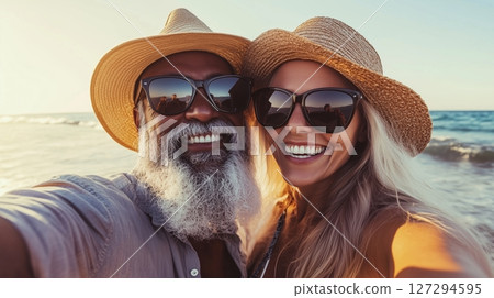 Joyful couple enjoying a sunny beach day while taking a selfie at sunset 127294595