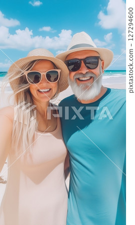 Couple enjoying a sunny beach day with smiles and hats in a tropical paradise 127294600