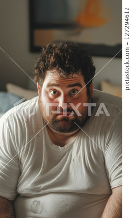 Man in casual clothing with a surprised expression sitting in a cozy indoor setting 127294612