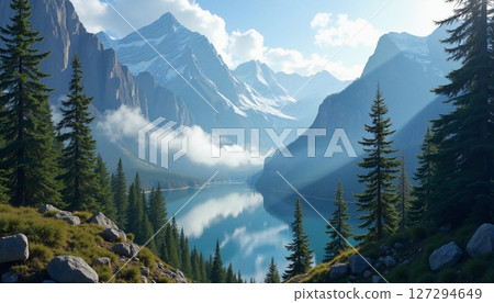 Pristine Mountain Lake Mirror Reflects 127294649
