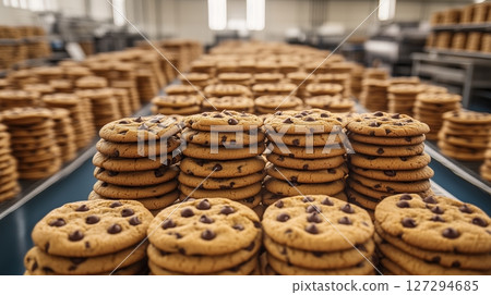 Stunning display of 75000 chocolate chip cookies stacked in artistic rows in a bright, spacious area 127294685