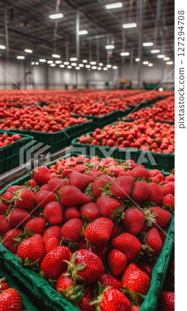 Enormous display of 75000 strawberries arranged in artistic rows and piles in a spacious setting filled with vibrant colors 127294708