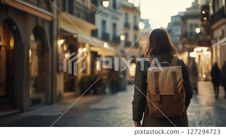 Stylish Mediterranean woman exploring vibrant European city streets with a backpack during warm afternoon light 127294723