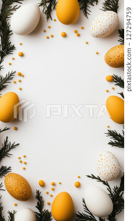 Decorative Easter frame featuring green and yellow ornaments set against a white background for a festive greeting card design 127294759