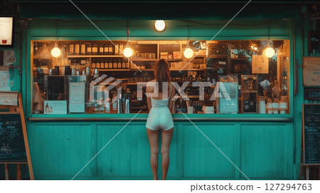 Beautiful girl enjoys evening at outdoor bar while sipping milk and attracting attention in soft natural light 127294763