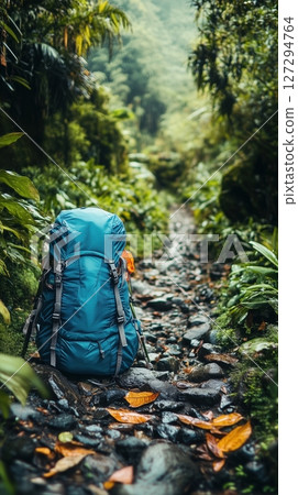 Hiking backpack resting on a rocky trail in a lush tropical environment captured with medium format film 127294764