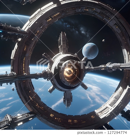 Futuristic Space Station Orbiting Earth and Distant Planets 127294774
