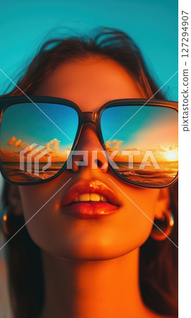 Young woman in oversized sunglasses with beach waves and sunset reflected enjoys cool evening by the shore with stylish confidence 127294907