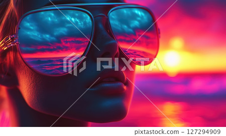 Young woman wearing large shield sunglasses with reflections of beach waves and sunset during a vibrant evening at the shore 127294909