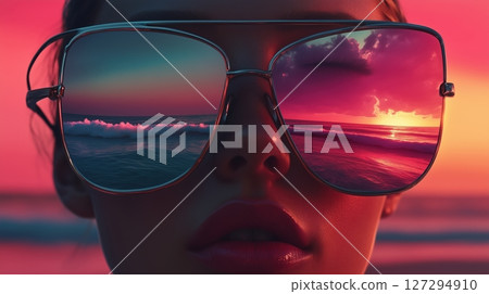 Young woman with shield sunglasses reflecting beach waves and sunset during golden hour 127294910