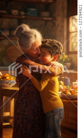 Heartwarming embrace between grandmother and grandchildren after a cozy family dinner in a well-lit kitchen 127294921