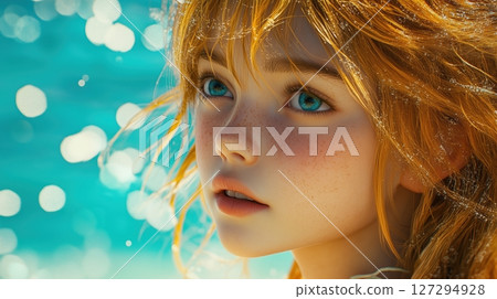 Golden-haired girl gazes in awe at turquoise ocean on sunlit beach with gentle waves and swaying palm trees 127294928