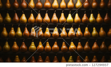 Enormous arrangement of 75000 pears creates a striking display of color and texture in a spacious setting 127294937