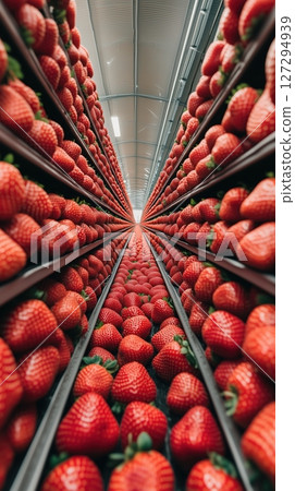 Enormous arrangement of 75000 strawberries displayed in artistic rows in a bright spacious setting creating an impressive visual experience Enormous arrangement of 75000 strawberries displayed in artistic rows in a bright spacious setting creating an impressive visual experience 127294939