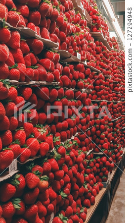 Massive display of 75000 strawberries arranged creatively in vibrant rows showcases a stunning visual experience in a bright and spacious venue 127294948