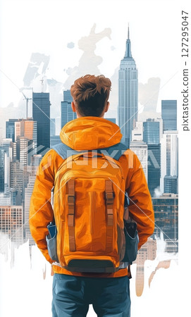 Traveler gazes at the iconic skyline of a bustling city during a sunny day filled with adventure and exploration Traveler gazes at the iconic skyline of a bustling city during a sunny day filled with adventure and exploration 127295047