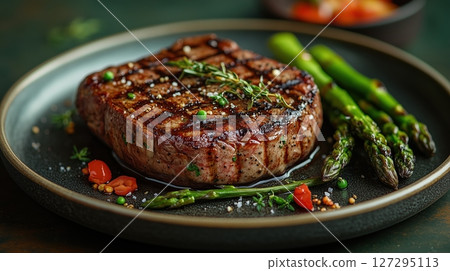 Delicious medium rare ribeye steak served with grilled asparagus and vibrant garnishes on a dark plate 127295113