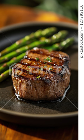 Enjoying a perfectly cooked medium rare ribeye steak with grill marks alongside fresh grilled asparagus on a stylish plate 127295116
