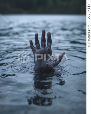 Elderly woman drowning in a dark lake with only her hand visible, struggling against the ominous water while surrounded by ripples and bubbles Elderly woman drowning in a dark lake with only her hand visible, struggling against the ominous water while surrounded by ripples and bubbles 127295117