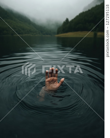 Elderly woman struggles in dark lake as only her hand remains visible above the water in a tense moment of desperation and isolation 127295118