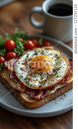 Breakfast sandwich with egg and bacon on toast beside fresh salad and coffee, illuminated by warm golden hour light in a rustic kitchen setting 127295128