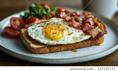 Delicious close-up of egg and bacon sandwich on toast with fresh salad and coffee on rustic kitchen table during golden hour Delicious close-up of egg and bacon sandwich on toast with fresh salad and coffee on rustic kitchen table during golden hour 127295133