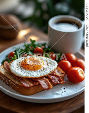 Delicious egg and bacon sandwich with fresh tomatoes and coffee on a rustic table during golden hour 127295138