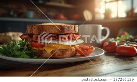 Delicious egg and bacon sandwich on toast with fresh tomatoes and coffee in a cozy rustic kitchen setting Delicious egg and bacon sandwich on toast with fresh tomatoes and coffee in a cozy rustic kitchen setting 127295139