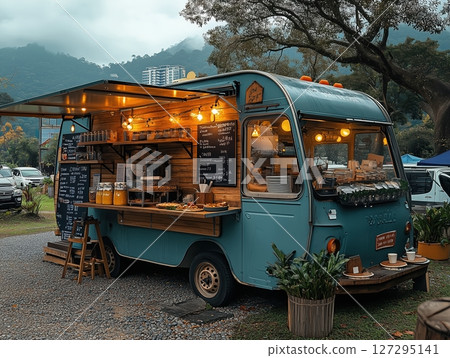 Coffee truck serving freshly brewed drinks in a bustling car park in a city under the warm sun 127295141
