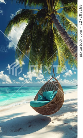 Relaxation on a tropical beach with white sand, turquoise waters, and a suspended lounge chair under a palm tree 127295169