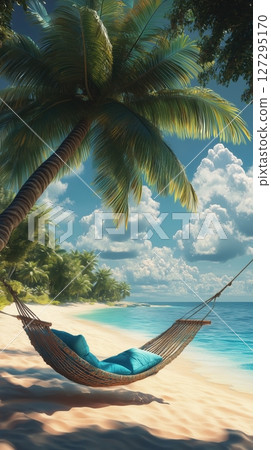 Tropical beach paradise featuring a hammock and lush palm trees under a bright blue sky with soft clouds 127295170