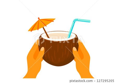 Coconut Drink with Straw and Umbrella in Hands. Tropical Summer Vector for Beach Cocktail, Coconut Water, Exotic Juice, Island Drink, Vacation Icon, Summer Party, Travel Clipart, Drink Design 127295205