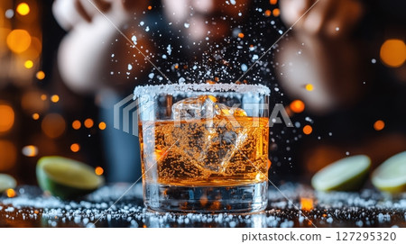 Enjoying golden tequila with lime and salt in a cozy bar atmosphere at night 127295320