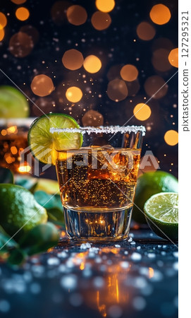 Golden tequila shot with lime and salt in a cozy bar setting 127295321