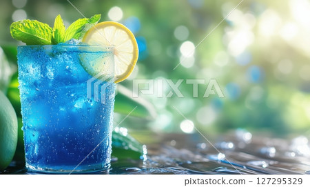 Refreshing summer drink with lemon and mint on a wooden table in sunlight 127295329