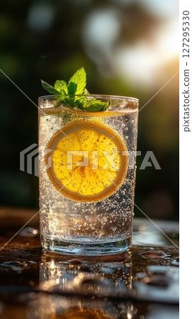 Refreshing summer drink with lemon and mint on wooden table in sunlight 127295330