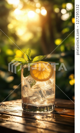 Refreshing summer drink with lemon and mint on a wooden table in warm sunlight outdoors 127295332